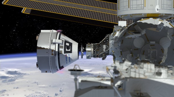 This artist's concept shows Boeing’s CST-100 Starliner spacecraft, currently under development for NASA’s Commercial Crew Program, docking to the International Space Station. Credits: NASA This artist's concept shows Boeing’s CST-100 Starliner spacecraft, currently under development for NASA’s Commercial Crew Program, docking to the International Space Station. Credits: NASA