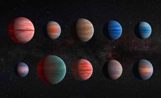 This image shows an artist's impression of the 10 hot Jupiter exoplanets studied using the Hubble and Spitzer space telescopes. Image credit: NASA/ESA This image shows an artist's impression of the 10 hot Jupiter exoplanets studied using the Hubble and Spitzer space telescopes. Image credit: NASA/ESA