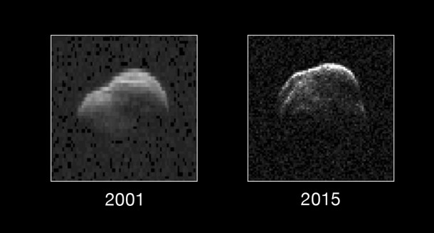 On the left is a radar image of asteroid 1998 WT24 taken in December 2001 by scientists using NASA's the 230-foot (70-meter) DSS-14 antenna at Goldstone, California. Image credit:NASA/JPL-Caltech/GSSR/NRAO/AUI/NSF On the left is a radar image of asteroid 1998 WT24 taken in December 2001 by scientists using NASA's the 230-foot (70-meter) DSS-14 antenna at Goldstone, California. Image credit:NASA/JPL-Caltech/GSSR/NRAO/AUI/NSF
