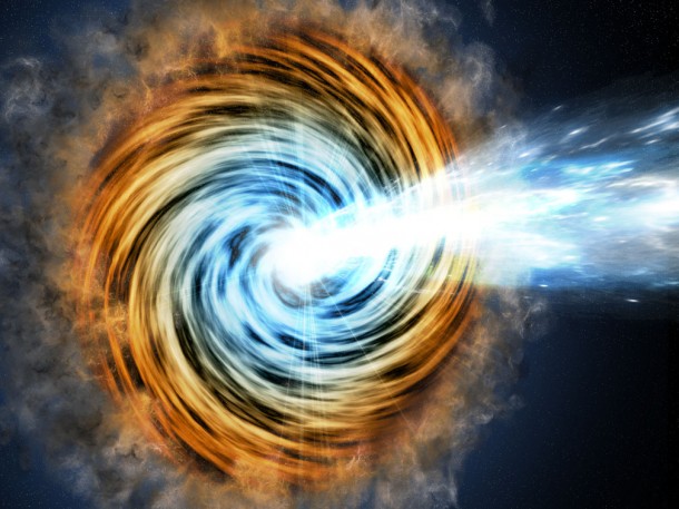 This artist's conception shows a blazar – the core of an active galaxy powered by a supermassive black hole. The VERITAS array has detected gamma rays from a blazar known as PKS 1441+25. Researchers found that the source of the gamma rays was within the relativistic jet but surprisingly far from the galaxy's black hole. The emitting region is at least a tenth of a light-year away, and most likely is 5 light-years away. M. Weiss/CfA This artist's conception shows a blazar – the core of an active galaxy powered by a supermassive black hole. The VERITAS array has detected gamma rays from a blazar known as PKS 1441+25. Researchers found that the source of the gamma rays was within the relativistic jet but surprisingly far from the galaxy's black hole. The emitting region is at least a tenth of a light-year away, and most likely is 5 light-years away. M. Weiss/CfA