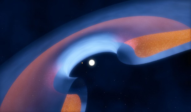 This schematic diagram shows how the dust (brown) and gas (blue) is distributed around the star, and how a young planet is clearing the central gap. Credit: ESO/M. Kornmesser This schematic diagram shows how the dust (brown) and gas (blue) is distributed around the star, and how a young planet is clearing the central gap. Credit: ESO/M. Kornmesser