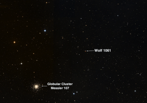 The sky area in the constellation of Ophiucus near the red dwarf star Wolf 1061 which includes the impressive, but unrelated, star cluster Messier 104. Wolf 1061 is 14 light years away. Credit: UNSW/The "Aladin sky atlas" developed at CDS, Strasbourg Observatory, France The sky area in the constellation of Ophiucus near the red dwarf star Wolf 1061 which includes the impressive, but unrelated, star cluster Messier 104. Wolf 1061 is 14 light years away. Credit: UNSW/The "Aladin sky atlas" developed at CDS, Strasbourg Observatory, France