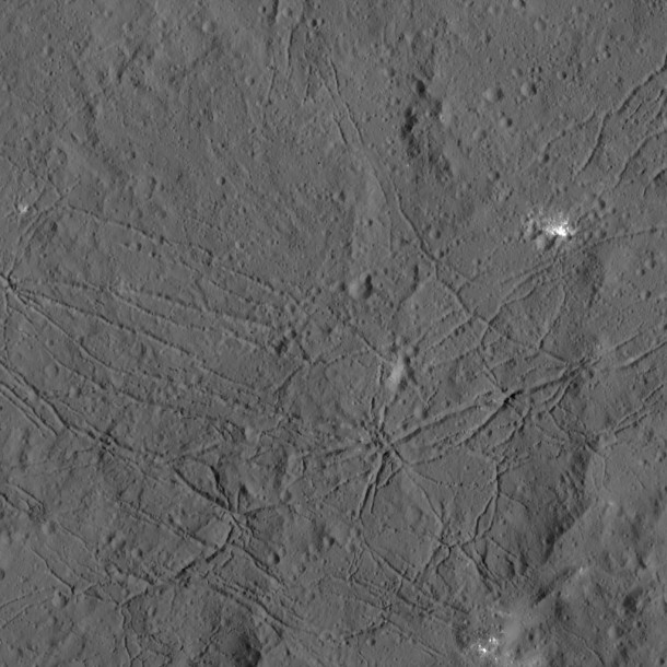 The fractured floor of Dantu Crater on Ceres is seen in this image from NASA's Dawn spacecraft. Image Credit: NASA/JPL-Caltech/UCLA/MPS/DLR/IDA The fractured floor of Dantu Crater on Ceres is seen in this image from NASA's Dawn spacecraft. Image Credit: NASA/JPL-Caltech/UCLA/MPS/DLR/IDA
