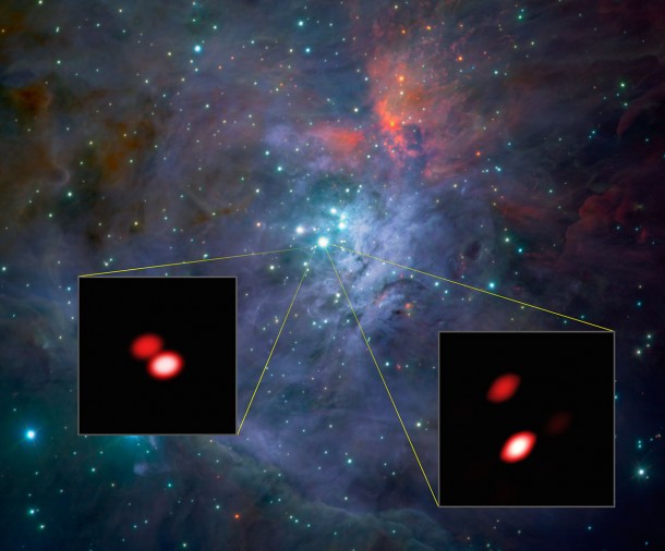 As part of the first observations with the new GRAVITY instrument the team looked closely at the bright, young stars known as the Trapezium Cluster, located in the heart of the Orion star-forming region. Already, from these first data, GRAVITY made a discovery: one of the components of the cluster (Theta1 Orionis F, lower left) was found to be a double star for the first time. The brighter double star Theta1 Orionis C (lower right) is also well seen. Credit: ESO/GRAVITY consortium/NASA/ESA/M. McCaughrean As part of the first observations with the new GRAVITY instrument the team looked closely at the bright, young stars known as the Trapezium Cluster, located in the heart of the Orion star-forming region. Already, from these first data, GRAVITY made a discovery: one of the components of the cluster (Theta1 Orionis F, lower left) was found to be a double star for the first time. The brighter double star Theta1 Orionis C (lower right) is also well seen. Credit: ESO/GRAVITY consortium/NASA/ESA/M. McCaughrean