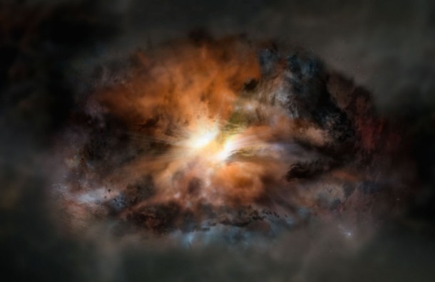 Artist impression of W2246-0526, a single galaxy glowing in infrared light as intensely as 350 trillion suns. It is so violently turbulent that it may eventually jettison its entire supply of star-forming gas, according to new observations with ALMA. Credit: NRAO/AUI/NSF; Dana Berry / SkyWorks; ALMA (ESO/NAOJ/NRAO) Artist impression of W2246-0526, a single galaxy glowing in infrared light as intensely as 350 trillion suns. It is so violently turbulent that it may eventually jettison its entire supply of star-forming gas, according to new observations with ALMA. Credit: NRAO/AUI/NSF; Dana Berry / SkyWorks; ALMA (ESO/NAOJ/NRAO)