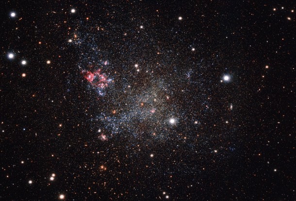 This image, captured with the OmegaCAM camera on ESO’s VLT Survey Telescope in Chile, shows an unusually clean small galaxy. IC 1613 contains very little cosmic dust, allowing astronomers to explore its contents with great clarity. Credit: ESO This image, captured with the OmegaCAM camera on ESO’s VLT Survey Telescope in Chile, shows an unusually clean small galaxy. IC 1613 contains very little cosmic dust, allowing astronomers to explore its contents with great clarity. Credit: ESO