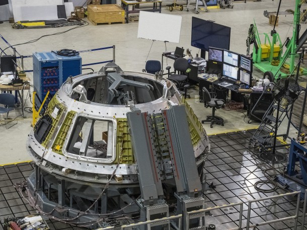 In November 2015, the cone panel section of the crew module pressure vessel was welded together, ahead of its shipment to Kennedy. In November 2015, the cone panel section of the crew module pressure vessel was welded together, ahead of its shipment to Kennedy.