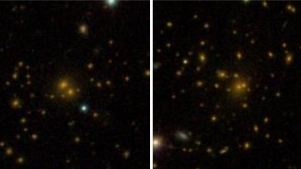 This comparison of galaxy clusters from the Sloan Digital Sky Survey DR8 galaxy catalog shows a spread-out cluster (left) and a more densely-packed cluster (right). A new study shows that these differences are related to the surrounding dark-matter environment. Credit: Sloan Digital Sky Survey This comparison of galaxy clusters from the Sloan Digital Sky Survey DR8 galaxy catalog shows a spread-out cluster (left) and a more densely-packed cluster (right). A new study shows that these differences are related to the surrounding dark-matter environment. Credit: Sloan Digital Sky Survey