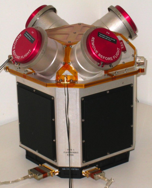 This cluster of four colloid thrusters is part of the Disturbance Reduction System, developed by NASA/JPL, which will help keep the LISA Pathfinder spacecraft extremely stable. Credit: ESA/NASA/JPL-CaltechThis cluster of four colloid thrusters is part of the Disturbance Reduction System, developed by NASA/JPL, which will help keep the LISA Pathfinder spacecraft extremely stable. Credit: ESA/NASA/JPL-Caltech This cluster of four colloid thrusters is part of the Disturbance Reduction System, developed by NASA/JPL, which will help keep the LISA Pathfinder spacecraft extremely stable. Credit: ESA/NASA/JPL-Caltech