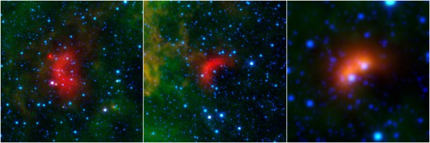Bow shocks thought to mark the paths of massive, speeding stars are highlighted in these images from NASA's Spitzer Space Telescope and Wide-field Infrared Survey Explorer, or WISE. Credits: NASA/JPL-Caltech/University of Wyoming Bow shocks thought to mark the paths of massive, speeding stars are highlighted in these images from NASA's Spitzer Space Telescope and Wide-field Infrared Survey Explorer, or WISE. Credits: NASA/JPL-Caltech/University of Wyoming