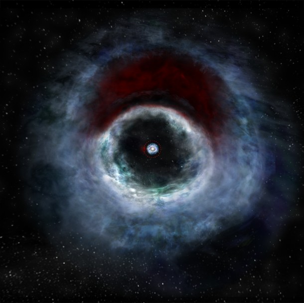 Artist impression of the HD 142527 binary star system based on data from the Atacama Large Millimeter/submillimeter Array (ALMA). The rendition shows a distinctive arc of dust (red) embedded in the protoplanetary disk. The red arc is free of gas, suggesting the carbon monoxide has "frozen out," forming a layer of frost on the dust grains in that region. Astronomers speculate this frost provides a boost to planet formation. The two dots in the center represent the two stars in the system. Credit: B. Saxton (NRAO/AUI/NSF) Artist impression of the HD 142527 binary star system based on data from the Atacama Large Millimeter/submillimeter Array (ALMA). The rendition shows a distinctive arc of dust (red) embedded in the protoplanetary disk. The red arc is free of gas, suggesting the carbon monoxide has "frozen out," forming a layer of frost on the dust grains in that region. Astronomers speculate this frost provides a boost to planet formation. The two dots in the center represent the two stars in the system. Credit: B. Saxton (NRAO/AUI/NSF)