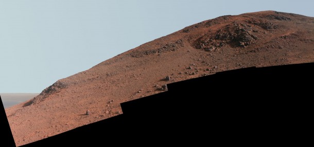 This scene from NASA's Mars Exploration Rover Opportunity looks upward at "Knudsen Ridge" from the valley below. Image Credit: NASA/JPL-Caltech/Cornell Univ./Arizona State Univ. This scene from NASA's Mars Exploration Rover Opportunity looks upward at "Knudsen Ridge" from the valley below. Image Credit: NASA/JPL-Caltech/Cornell Univ./Arizona State Univ.