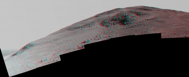 This stereo view from NASA's Mars Exploration Rover Opportunity looks upward at "Knudsen Ridge" from the valley below. Image Credit: NASA/JPL-Caltech/Cornell Univ./Arizona State Univ. This stereo view from NASA's Mars Exploration Rover Opportunity looks upward at "Knudsen Ridge" from the valley below. Image Credit: NASA/JPL-Caltech/Cornell Univ./Arizona State Univ.