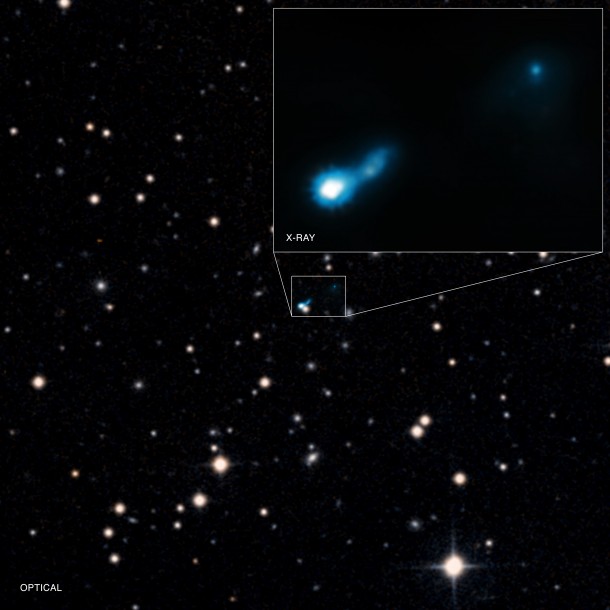 Extended X-ray jet associated with quasar B3 0727+409. Credits: X-ray: NASA/CXC/ISAS/A. Simionescu et al, Optical: DSS Extended X-ray jet associated with quasar B3 0727+409. Credits: X-ray: NASA/CXC/ISAS/A. Simionescu et al, Optical: DSS