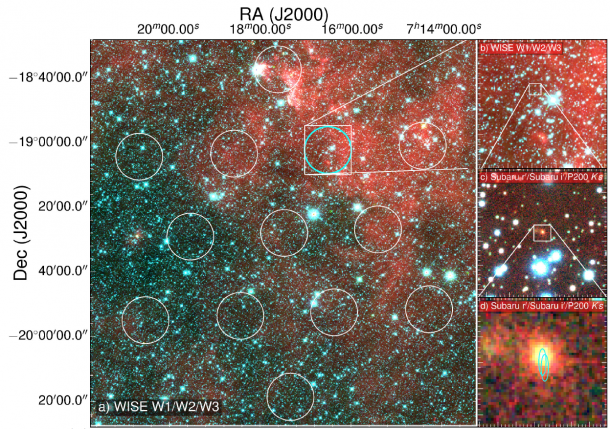 Figure 1: This image shows the field of view of the Parkes radio telescope on the left. On the right are successive zoom-ins in on the area where the signal came from (cyan circular region). The image at the bottom right shows the Subaru Telescope's image of the FRB galaxy, with the superimposed elliptical regions showing the location of the fading 6-day afterglow seen with ATCA. Image Credit: D. Kaplan (UWM), E. F. Keane (SKAO). Figure 1: This image shows the field of view of the Parkes radio telescope on the left. On the right are successive zoom-ins in on the area where the signal came from (cyan circular region). The image at the bottom right shows the Subaru Telescope's image of the FRB galaxy, with the superimposed elliptical regions showing the location of the fading 6-day afterglow seen with ATCA. Image Credit: D. Kaplan (UWM), E. F. Keane (SKAO).