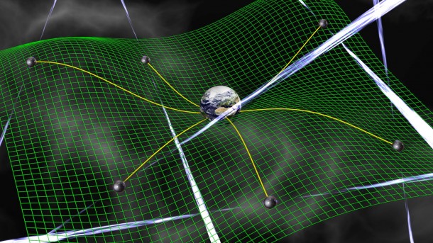 Gravitational waves are ripples in space-time, represented by the green grid, produced by accelerating bodies such as interacting supermassive black holes. These waves affect the time it takes for radio signals from pulsars to arrive at Earth. Credit: David Champion Gravitational waves are ripples in space-time, represented by the green grid, produced by accelerating bodies such as interacting supermassive black holes. These waves affect the time it takes for radio signals from pulsars to arrive at Earth. Credit: David Champion