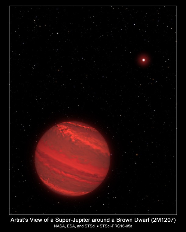 This is an illustration of a planet that is four times the mass of Jupiter and orbits 5 billion miles from a brown dwarf companion object (the bright red star seen in the background). The planet is only 170 light-years away. Our sun is a faint star in the background. Credits: NASA, ESA, and G. Bacon/STScI This is an illustration of a planet that is four times the mass of Jupiter and orbits 5 billion miles from a brown dwarf companion object (the bright red star seen in the background). The planet is only 170 light-years away. Our sun is a faint star in the background. Credits: NASA, ESA, and G. Bacon/STScI