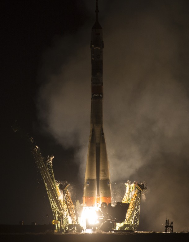 The Soyuz TMA-20M rocket launches from the Baikonur Cosmodrome in Kazakhstan on Saturday, March 19, 2016 carrying Expedition 47 Soyuz Commander Alexey Ovchinin of the Russian space agency Roscosmos, Flight Engineer Jeff Williams of NASA, and Flight Engineer Oleg Skripochka of Roscosmos into orbit to begin their five and a half month mission on the International Space Station. Credits: NASA/Aubrey Gemignani The Soyuz TMA-20M rocket launches from the Baikonur Cosmodrome in Kazakhstan on Saturday, March 19, 2016 carrying Expedition 47 Soyuz Commander Alexey Ovchinin of the Russian space agency Roscosmos, Flight Engineer Jeff Williams of NASA, and Flight Engineer Oleg Skripochka of Roscosmos into orbit to begin their five and a half month mission on the International Space Station. Credits: NASA/Aubrey Gemignani