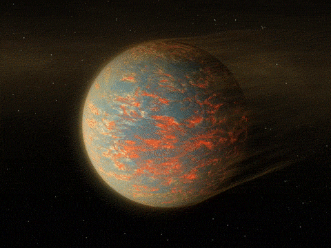 This animated illustration shows one possible scenario for the rocky exoplanet 55 Cancri e, nearly two times the size of Earth. New Spitzer data show that one side of the planet is much hotter than the other – which could be explained by a possible presence of lava pools. Credits: NASA/JPL-Caltech This animated illustration shows one possible scenario for the rocky exoplanet 55 Cancri e, nearly two times the size of Earth. New Spitzer data show that one side of the planet is much hotter than the other – which could be explained by a possible presence of lava pools. Credits: NASA/JPL-Caltech