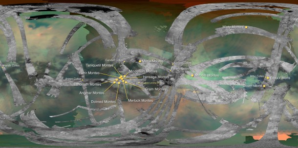 This map of Saturn's moon Titan identifies the locations of mountains that have been named by the International Astronomical Union. Image Credit: NASA/JPL-Caltech/University of Arizona/USGS This map of Saturn's moon Titan identifies the locations of mountains that have been named by the International Astronomical Union. Image Credit: NASA/JPL-Caltech/University of Arizona/USGS