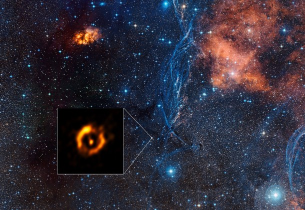 The Very Large Telescope Interferometer at ESO’s Paranal Observatory in Chile has obtained the sharpest view ever of the dusty disc around the close pair of aging stars IRAS 08544-4431. For the first time such discs can be compared to the discs around young stars — and they look surprisingly similar. It is even possible that a disc appearing at the end of a star’s life might also create a second generation of planets. Credit: ESO/Digitized Sky Survey 2 Acknowledgement: Davide De Martin The Very Large Telescope Interferometer at ESO’s Paranal Observatory in Chile has obtained the sharpest view ever of the dusty disc around the close pair of aging stars IRAS 08544-4431. For the first time such discs can be compared to the discs around young stars — and they look surprisingly similar. It is even possible that a disc appearing at the end of a star’s life might also create a second generation of planets. Credit: ESO/Digitized Sky Survey 2 Acknowledgement: Davide De Martin