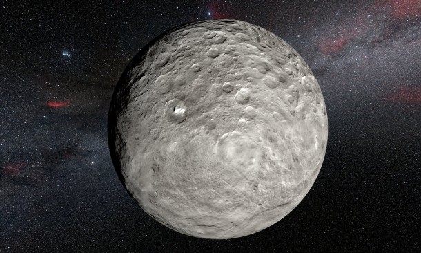 This artist’s impression is based on a detailed map of the surface compiled from images taken from NASA’s Dawn spacecraft in orbit around the dwarf planet Ceres. It shows the very bright patches of material in the crater Occator and elsewhere. New observations using the HARPS spectrograph on the ESO 3.6-metre telescope at La Silla in Chile have revealed unexpected daily changes on these spots, suggesting that they change under the influence of sunlight as Ceres rotates. Credit: ESO/L.Calçada/NASA/JPL-Caltech/UCLA/MPS/DLR/IDA/Steve Albers/N. Risinger (skysurvey.org) This artist’s impression is based on a detailed map of the surface compiled from images taken from NASA’s Dawn spacecraft in orbit around the dwarf planet Ceres. It shows the very bright patches of material in the crater Occator and elsewhere. New observations using the HARPS spectrograph on the ESO 3.6-metre telescope at La Silla in Chile have revealed unexpected daily changes on these spots, suggesting that they change under the influence of sunlight as Ceres rotates. Credit: ESO/L.Calçada/NASA/JPL-Caltech/UCLA/MPS/DLR/IDA/Steve Albers/N. Risinger (skysurvey.org)