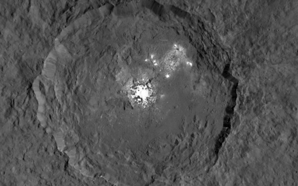 This image taken from NASA’s Dawn spacecraft in orbit around the dwarf planet Ceres shows the very bright patches of material in the crater Occator and elsewhere. New observations using the HARPS spectrograph on the ESO 3.6-metre telescope at La Silla in Chile have revealed unexpected daily changes on these spots, suggesting that they change under the influence of sunlight. Credit: NASA/JPL-Caltech/UCLA/MPS/DLR/IDA This image taken from NASA’s Dawn spacecraft in orbit around the dwarf planet Ceres shows the very bright patches of material in the crater Occator and elsewhere. New observations using the HARPS spectrograph on the ESO 3.6-metre telescope at La Silla in Chile have revealed unexpected daily changes on these spots, suggesting that they change under the influence of sunlight. Credit: NASA/JPL-Caltech/UCLA/MPS/DLR/IDA