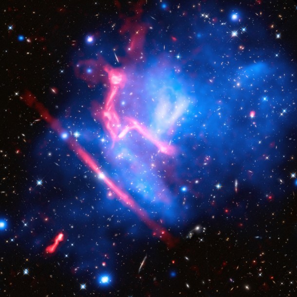Frontier Fields galaxy cluster MACS J0717 Credits: X-ray: NASA/CXC/SAO/van Weeren et al.; Optical: NASA/STScI; Radio: NSF/NRAO/VLA Frontier Fields galaxy cluster MACS J0717 Credits: X-ray: NASA/CXC/SAO/van Weeren et al.; Optical: NASA/STScI; Radio: NSF/NRAO/VLA
