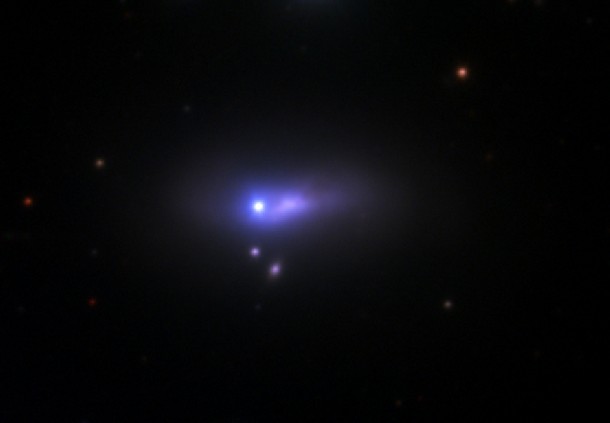 The blue-white dot at the center of this image is supernova 2012cg, seen by the 1.2-meter telescope at Fred Lawrence Whipple Observatory. At 50 million light-years away, this supernova is so distant that its host galaxy, the edge-on spiral NGC 4424, appears here as only an extended smear of purple light. Peter Challis/Harvard-Smithsonian CfA The blue-white dot at the center of this image is supernova 2012cg, seen by the 1.2-meter telescope at Fred Lawrence Whipple Observatory. At 50 million light-years away, this supernova is so distant that its host galaxy, the edge-on spiral NGC 4424, appears here as only an extended smear of purple light. Peter Challis/Harvard-Smithsonian CfA