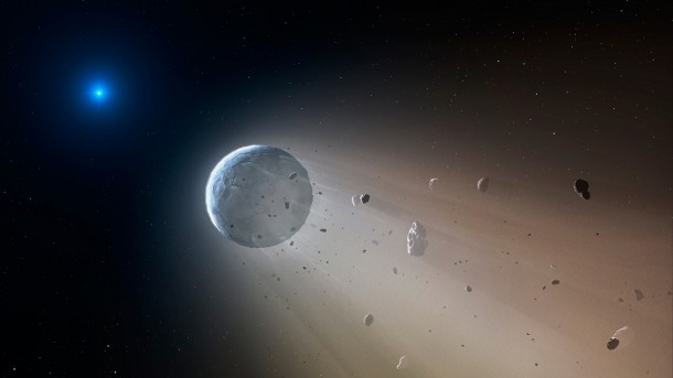 In this artist's conception, a tiny rocky object vaporizes as it orbits a white dwarf star. Astronomers have detected the first planetary object transiting a white dwarf using data from the K2 mission. Slowly the object will disintegrate, leaving a dusting of metals on the surface of the star. Credits: CfA/Mark A. Garlick In this artist's conception, a tiny rocky object vaporizes as it orbits a white dwarf star. Astronomers have detected the first planetary object transiting a white dwarf using data from the K2 mission. Slowly the object will disintegrate, leaving a dusting of metals on the surface of the star. Credits: CfA/Mark A. Garlick