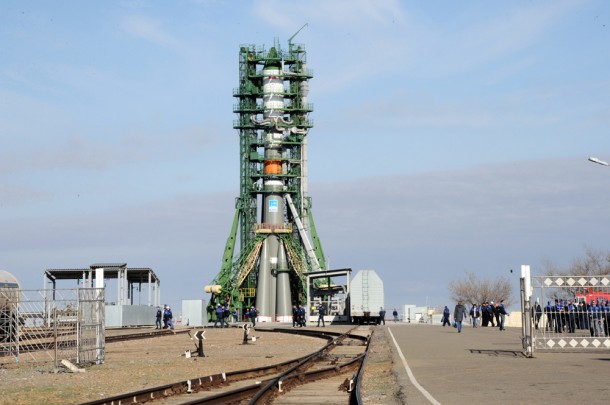 Gantry towers surround the Progress 63 rocket at its launch pad at the Baikonur Cosmodrome in Kazakhstan. Credit: RSC Energia Gantry towers surround the Progress 63 rocket at its launch pad at the Baikonur Cosmodrome in Kazakhstan. Credit: RSC Energia