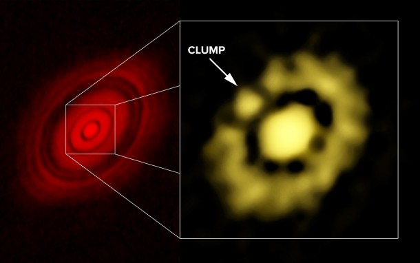 ALMA image of HL Tau at left; VLA image, showing clump of dust, at right. CREDIT: Carrasco-Gonzalez, et al.; Bill Saxton, NRAO/AUI/NSF. ALMA image of HL Tau at left; VLA image, showing clump of dust, at right. CREDIT: Carrasco-Gonzalez, et al.; Bill Saxton, NRAO/AUI/NSF.