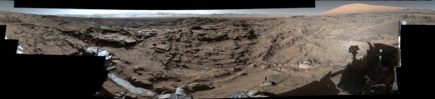 This 360-degree panorama from the Mastcam on NASA's Curiosity Mars rover shows the rugged surface of "Naukluft Plateau" plus upper Mount Sharp at right and part of the rim of Gale Crater. Credit: NASA/JPL-Caltech/MSSS This 360-degree panorama from the Mastcam on NASA's Curiosity Mars rover shows the rugged surface of "Naukluft Plateau" plus upper Mount Sharp at right and part of the rim of Gale Crater. Credit: NASA/JPL-Caltech/MSSS