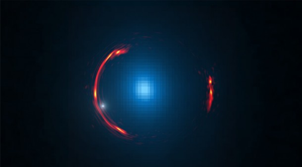 Composite image of the gravitational lens SDP.81 showing the distorted ALMA image of the more distant galaxy (red arcs) and the Hubble optical image of the nearby lensing galaxy (blue center object). By analyzing the distortions in the ring, astronomers have determined that a dark dwarf galaxy (data indicated by white dot near left lower arc segment) is lurking nearly 4 billion light-years away. Credit: Y. Hezaveh, Stanford Univ.; ALMA (NRAO/ESO/NAOJ); NASA/ESA Hubble Space Telescope Composite image of the gravitational lens SDP.81 showing the distorted ALMA image of the more distant galaxy (red arcs) and the Hubble optical image of the nearby lensing galaxy (blue center object). By analyzing the distortions in the ring, astronomers have determined that a dark dwarf galaxy (data indicated by white dot near left lower arc segment) is lurking nearly 4 billion light-years away. Credit: Y. Hezaveh, Stanford Univ.; ALMA (NRAO/ESO/NAOJ); NASA/ESA Hubble Space Telescope