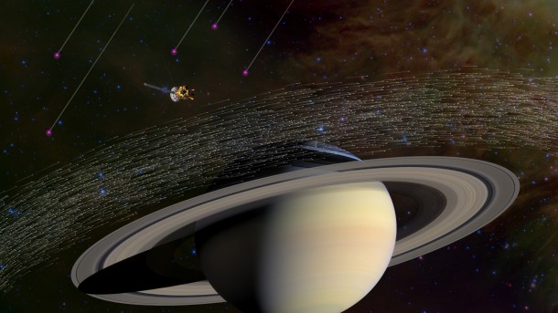 Of the millions of dust grains Cassini has sampled at Saturn, a few dozen appear to have come from beyond our solar system. Scientists believe these special grains have interstellar origins because they moved much faster and in different directions compared to dusty material native to Saturn. Image credit: NASA/JPL-Caltech Of the millions of dust grains Cassini has sampled at Saturn, a few dozen appear to have come from beyond our solar system. Scientists believe these special grains have interstellar origins because they moved much faster and in different directions compared to dusty material native to Saturn. Image credit: NASA/JPL-Caltech