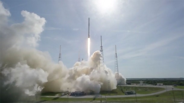 The Falcon 9 Rocket launches with the Dragon cargo craft on time from Cape Canaveral in Florida. Credit: NASA TV The Falcon 9 Rocket launches with the Dragon cargo craft on time from Cape Canaveral in Florida. Credit: NASA TV