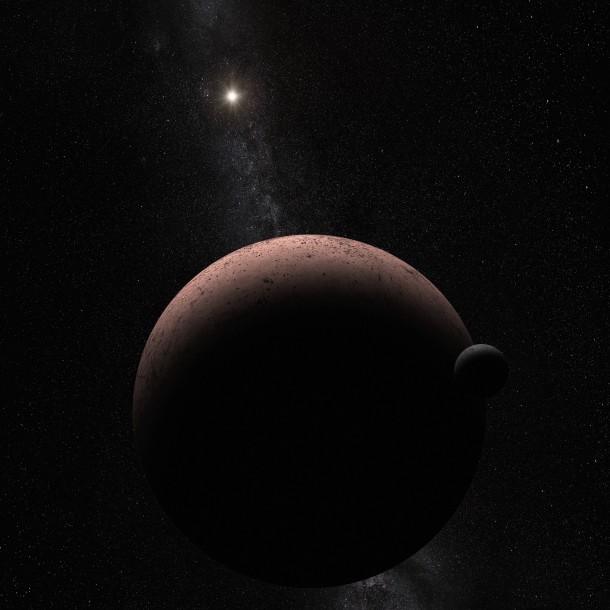 This artist's concept shows the distant dwarf planet Makemake and its newly discovered moon. Makemake and its moon, nicknamed MK 2, are more than 50 times farther away than Earth is from the sun. Credits: NASA, ESA, and A. Parker (Southwest Research Institute) This artist's concept shows the distant dwarf planet Makemake and its newly discovered moon. Makemake and its moon, nicknamed MK 2, are more than 50 times farther away than Earth is from the sun. Credits: NASA, ESA, and A. Parker (Southwest Research Institute)