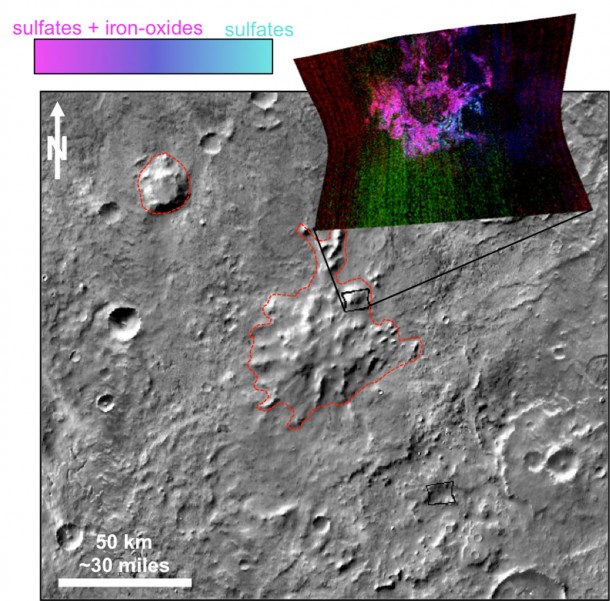 This graphic illustrates where Mars mineral-mapping from orbit has detected minerals that can indicate where a volcano erupted beneath an ice sheet. The site is far from any ice sheet on modern Mars, in an area where unusual shapes have been interpreted as a possible result of volcanism under ice. Image credit: NASA/JPL-Caltech/JHUAPL/ASU This graphic illustrates where Mars mineral-mapping from orbit has detected minerals that can indicate where a volcano erupted beneath an ice sheet. The site is far from any ice sheet on modern Mars, in an area where unusual shapes have been interpreted as a possible result of volcanism under ice. Image credit: NASA/JPL-Caltech/JHUAPL/ASU