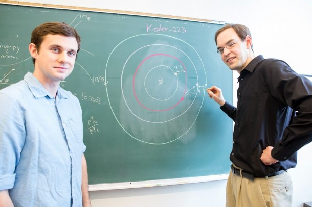 Sean Mills (left) and Daniel Fabrycky (right), researchers at the University of Chicago, describe the complex orbital structure of the Kepler-223 system in a new study. Credit: Nancy Wong/University of Chicago Sean Mills (left) and Daniel Fabrycky (right), researchers at the University of Chicago, describe the complex orbital structure of the Kepler-223 system in a new study. Credit: Nancy Wong/University of Chicago