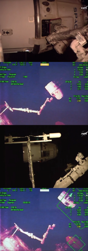 This series of images from NASA Television shows the SpaceX Dragon resupply craft moments after its release from the International Space Station's Canadarm2 robotic arm on May 11, 2016, as it steadily moves a safe distance before beginning the deorbit burn for its trip back to Earth. Credits: NASA Television This series of images from NASA Television shows the SpaceX Dragon resupply craft moments after its release from the International Space Station's Canadarm2 robotic arm on May 11, 2016, as it steadily moves a safe distance before beginning the deorbit burn for its trip back to Earth. Credits: NASA Television