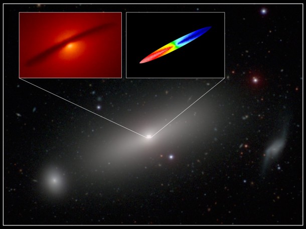 Combined image of NGC 1332 shows the central disk of gas surrounding the supermassive black hole at the center of the galaxy. New ALMA observations traced the motion of the disk, providing remarkably precise measurements of the black hole's mass: 660 million times the mass of our Sun. The main image is from the Carnegie-Irvine Galaxy Survey. The box in the upper left is from the Hubble Space Telescope and shows the galaxy's central region in infrared light; the dusty disk appears as a dark silhouette. The ALMA image, upper right box, shows the rotation of the disk, enabling astronomers to calculate its mass. The red region in the ALMA image represents emission that has been redshifted by gas rotating away from us; the blue represents emission blue-shifted by gas rotating toward us. The range of colors represents rotational speeds up to 500 kilometers per second. Credit: A. Barth (UCI), ALMA (NRAO/ESO/NAOJ); NASA/ESA Hubble; Carnegie-Irvine Galaxy Survey. Combined image of NGC 1332 shows the central disk of gas surrounding the supermassive black hole at the center of the galaxy. New ALMA observations traced the motion of the disk, providing remarkably precise measurements of the black hole's mass: 660 million times the mass of our Sun. The main image is from the Carnegie-Irvine Galaxy Survey. The box in the upper left is from the Hubble Space Telescope and shows the galaxy's central region in infrared light; the dusty disk appears as a dark silhouette. The ALMA image, upper right box, shows the rotation of the disk, enabling astronomers to calculate its mass. The red region in the ALMA image represents emission that has been redshifted by gas rotating away from us; the blue represents emission blue-shifted by gas rotating toward us. The range of colors represents rotational speeds up to 500 kilometers per second. Credit: A. Barth (UCI), ALMA (NRAO/ESO/NAOJ); NASA/ESA Hubble; Carnegie-Irvine Galaxy Survey.
