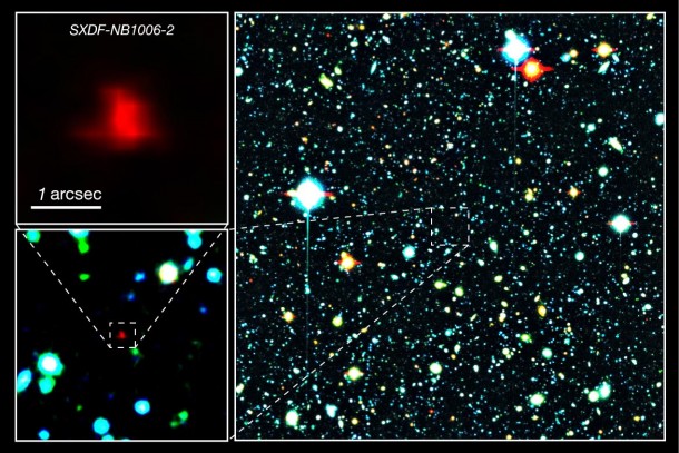 Color composite image of a portion of the Subaru XMM-Newton Deep Survey Field. Right panel: The red galaxy at the center of the image is the very distant galaxy, SXDF-NB1006-2. Left panels: Close-ups of the distant galaxy. Credit: NAOJ Color composite image of a portion of the Subaru XMM-Newton Deep Survey Field. Right panel: The red galaxy at the center of the image is the very distant galaxy, SXDF-NB1006-2. Left panels: Close-ups of the distant galaxy. Credit: NAOJ