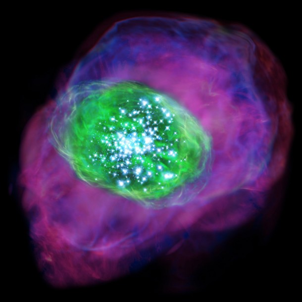 Artist’s impression of the distant galaxy SXDF-NB1006-2. Many young bright stars are located in the galaxy and ionize the gas inside and around the galaxy. Green color indicates the ionized oxygen detected by ALMA, whereas purple shows the distribution of ionized hydrogen detected by the Subaru Telescope. Credit: NAOJ Artist’s impression of the distant galaxy SXDF-NB1006-2. Many young bright stars are located in the galaxy and ionize the gas inside and around the galaxy. Green color indicates the ionized oxygen detected by ALMA, whereas purple shows the distribution of ionized hydrogen detected by the Subaru Telescope. Credit: NAOJ