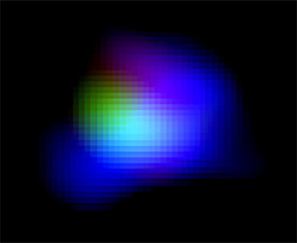 Color composite image of distant galaxy SXDF-NB1006-2. Light from ionized oxygen detected by ALMA is shown in green. Light from ionized hydrogen detected by the Subaru Telescope and ultraviolet light detected by the UK Infrared Telescope (UKIRT) are shown in blue and red, respectively. Credit: ALMA (ESO/NAOJ/NRAO), NAOJ Color composite image of distant galaxy SXDF-NB1006-2. Light from ionized oxygen detected by ALMA is shown in green. Light from ionized hydrogen detected by the Subaru Telescope and ultraviolet light detected by the UK Infrared Telescope (UKIRT) are shown in blue and red, respectively. Credit: ALMA (ESO/NAOJ/NRAO), NAOJ