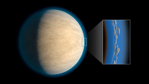 Hot Jupiters, exoplanets around the same size as Jupiter that orbit very closely to their stars, often have cloud or haze layers in their atmospheres. This may prevent space telescopes from detecting atmospheric water that lies beneath the clouds, according to a study in the Astrophysical Journal. Image credit: NASA/JPL-Caltech Hot Jupiters, exoplanets around the same size as Jupiter that orbit very closely to their stars, often have cloud or haze layers in their atmospheres. This may prevent space telescopes from detecting atmospheric water that lies beneath the clouds, according to a study in the Astrophysical Journal. Image credit: NASA/JPL-Caltech