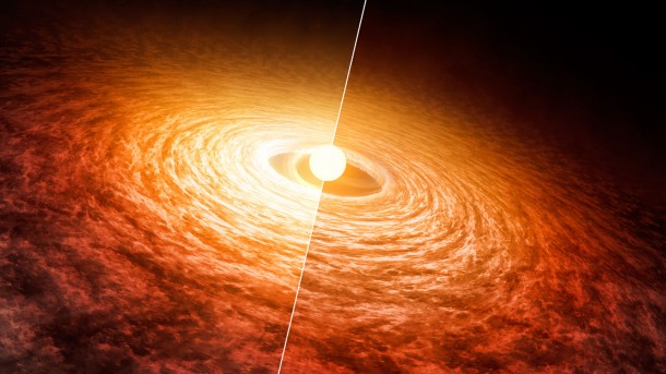 The brightness of outbursting star FU Orionis has been slowly fading since its initial flare-up in 1936. Researchers found that it has dimmed by about 13 percent in short infrared wavelengths from 2004 (left) to 2016 (right). Credits: NASA/JPL-Caltech The brightness of outbursting star FU Orionis has been slowly fading since its initial flare-up in 1936. Researchers found that it has dimmed by about 13 percent in short infrared wavelengths from 2004 (left) to 2016 (right). Credits: NASA/JPL-Caltech