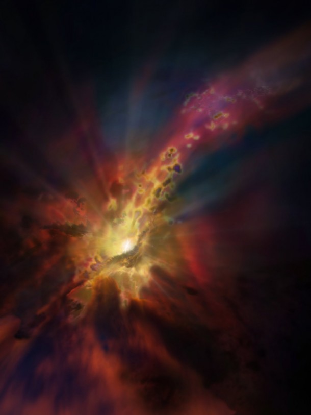 The cosmic weather report, as illustrated in this artist’s concept, calls for condensing clouds of cold molecular gas around the Abell 2597 Brightest Cluster Galaxy. The clouds condense out of the hot, ionised gas that suffuses the space between the galaxies in this cluster. New ALMA data show that these clouds are raining in on the galaxy, plunging toward the supermassive black hole at its centre. Credit: NRAO/AUI/NSF; Dana Berry/SkyWorks; ALMA (ESO/NAOJ/NRAO) The cosmic weather report, as illustrated in this artist’s concept, calls for condensing clouds of cold molecular gas around the Abell 2597 Brightest Cluster Galaxy. The clouds condense out of the hot, ionised gas that suffuses the space between the galaxies in this cluster. New ALMA data show that these clouds are raining in on the galaxy, plunging toward the supermassive black hole at its centre. Credit: NRAO/AUI/NSF; Dana Berry/SkyWorks; ALMA (ESO/NAOJ/NRAO)