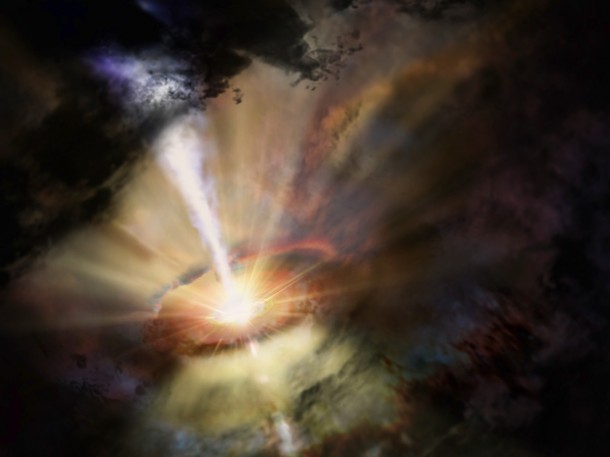 Deep in the heart of the Abell 2597 Brightest Cluster Galaxy, astronomers see a small cluster of giant gas clouds raining in on the central black hole. They were revealed by the billion light-year-long shadows they cast toward Earth. These ALMA data present the first observational evidence for predicted chaotic cold accretion onto a supermassive black hole. Credit: NRAO/AUI/NSF; Dana Berry/SkyWorks; ALMA (ESO/NAOJ/NRAO) Deep in the heart of the Abell 2597 Brightest Cluster Galaxy, astronomers see a small cluster of giant gas clouds raining in on the central black hole. They were revealed by the billion light-year-long shadows they cast toward Earth. These ALMA data present the first observational evidence for predicted chaotic cold accretion onto a supermassive black hole. Credit: NRAO/AUI/NSF; Dana Berry/SkyWorks; ALMA (ESO/NAOJ/NRAO)