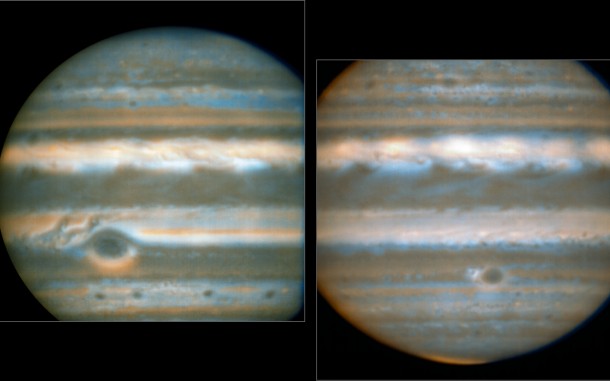 This view was created from VLT/VISIR infrared images from February 2016 (left) and March 2016 (right). The orange images were obtained at 10.7 micrometres wavelength and highlight the different temperatures and presence of ammonia. The blue images at 8.6 micrometres highlight variations in cloud opacity. Credit: ESO/L.N. Fletcher This view was created from VLT/VISIR infrared images from February 2016 (left) and March 2016 (right). The orange images were obtained at 10.7 micrometres wavelength and highlight the different temperatures and presence of ammonia. The blue images at 8.6 micrometres highlight variations in cloud opacity. Credit: ESO/L.N. Fletcher