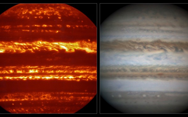 This view compares a lucky imaging view of Jupiter from VISIR (left) at infrared wavelengths with a very sharp amateur image in visible light from about the same time (right). Credit: ESO/L.N. Fletcher/Damian Peach This view compares a lucky imaging view of Jupiter from VISIR (left) at infrared wavelengths with a very sharp amateur image in visible light from about the same time (right). Credit: ESO/L.N. Fletcher/Damian Peach